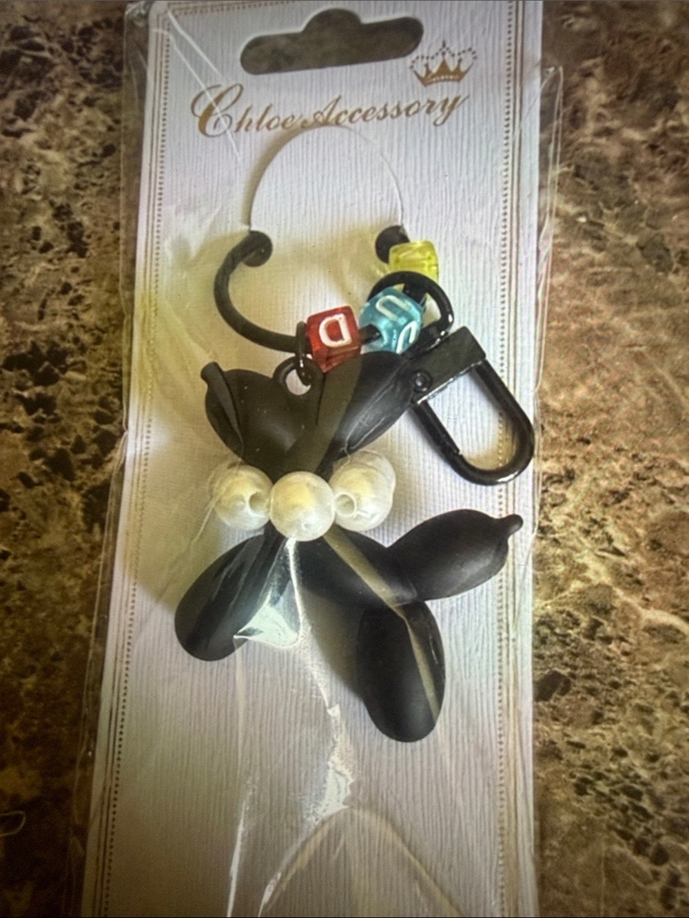 Black Flower Keychain / bag charm with pearl necklace